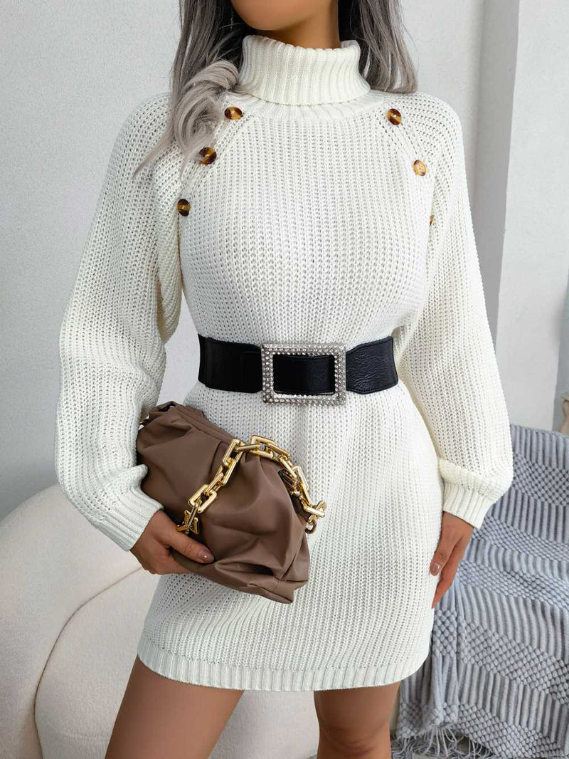 Turtle Neck Mid Thigh Buttons Decored Knit Dress MEWOW DAILY