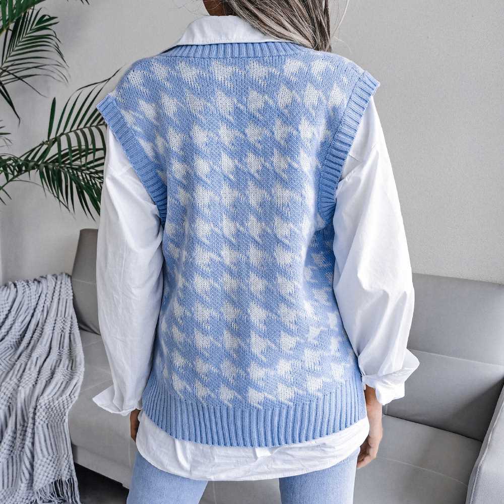 Loose Fit V-neck Houndstooth Pattern Knit Vest MEWOW DAILY