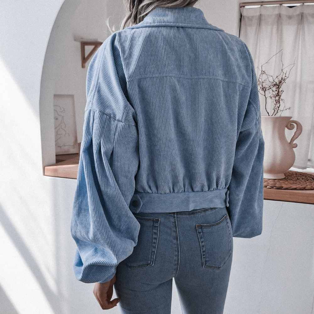 Lantern Sleeve Drop Shoulder Cropped Corduroy Jacket MEWOW DAILY