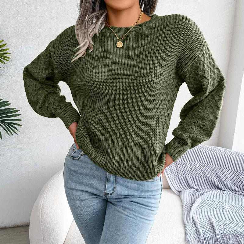 Crew Neck Lantern Sleeve Patchwork Pullover Sweater MEWOW DAILY