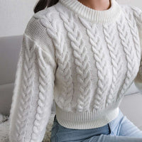 Crew Neck Pullover Slim Fitted Waist Cropped Cable Knit Sweater MEWOW DAILY