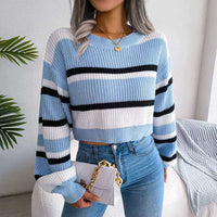 Color Block Stripes Crew Neck Pullover Cropped Sweater MEWOW DAILY