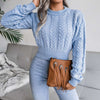 Crew Neck Pullover Slim Fitted Waist Cropped Cable Knit Sweater MEWOW DAILY