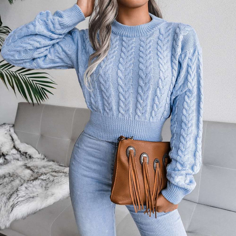 Crew Neck Pullover Slim Fitted Waist Cropped Cable Knit Sweater MEWOW DAILY