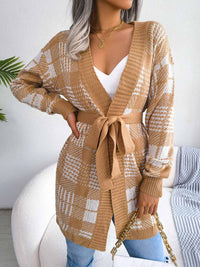 Open Front Mid Long Plaid Cardigan with Waist Strap MEWOW DAILY