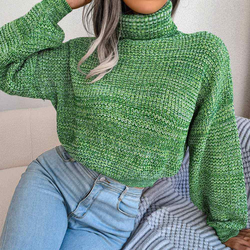 Turtle Neck Lantern Sleeve Cropped Pullover Sweater MEWOW DAILY