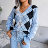 Casual V-neck Argyle Pattern Pullover Sweater MEWOW DAILY