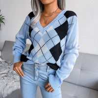 Casual V-neck Argyle Pattern Pullover Sweater MEWOW DAILY