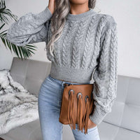 Crew Neck Pullover Slim Fitted Waist Cropped Cable Knit Sweater MEWOW DAILY