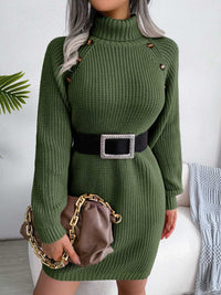 Turtle Neck Mid Thigh Buttons Decored Knit Dress MEWOW DAILY