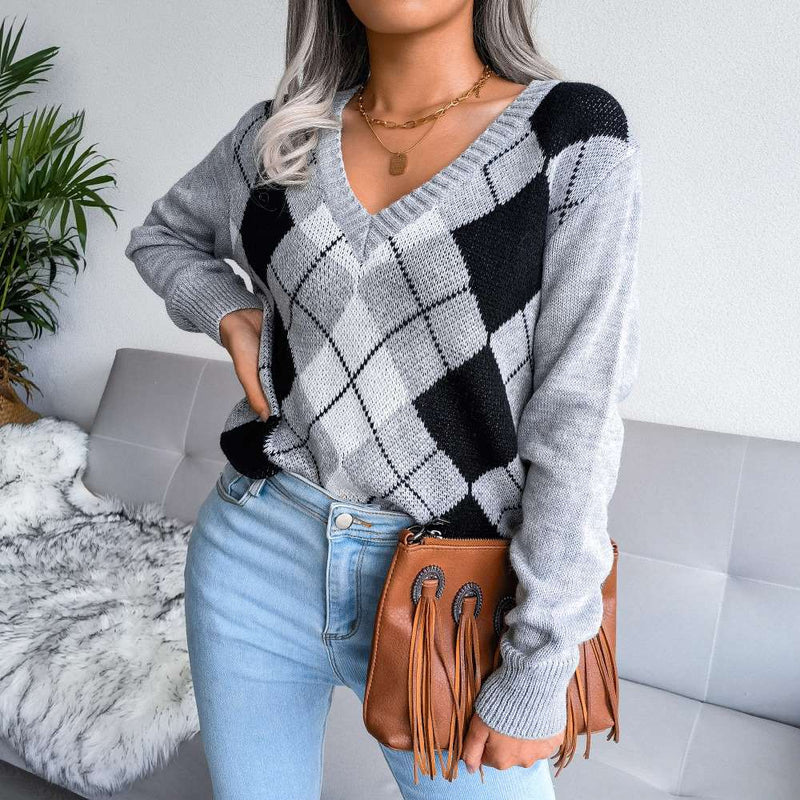 Casual V-neck Argyle Pattern Pullover Sweater MEWOW DAILY