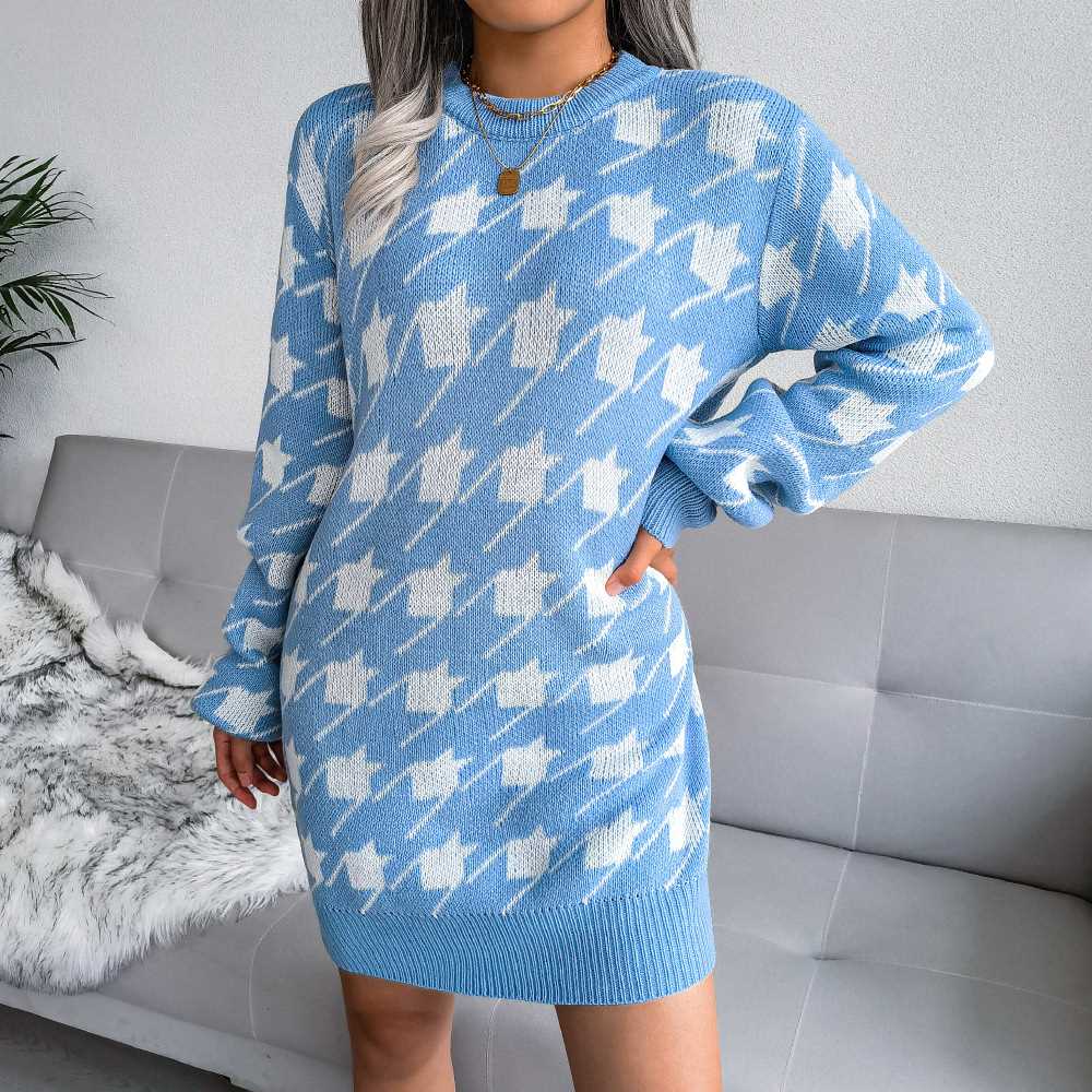 Houndstooth Pattern Crew Neck Mid Thigh Knit Dress MEWOW DAILY