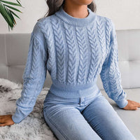 Crew Neck Pullover Slim Fitted Waist Cropped Cable Knit Sweater MEWOW DAILY