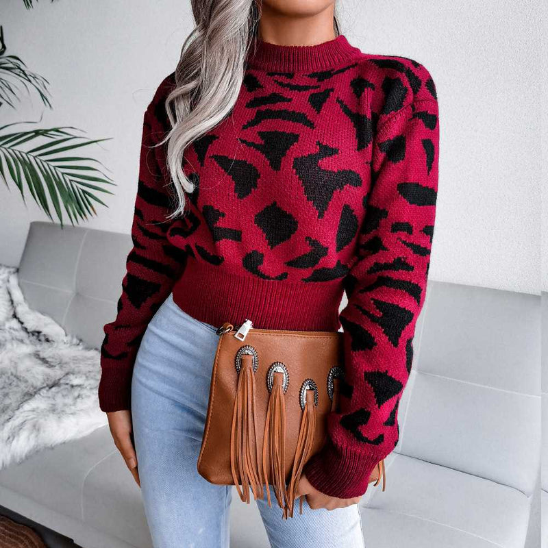 Leopard Pattern Crew Neck Cropped Pullover Sweater MEWOW DAILY