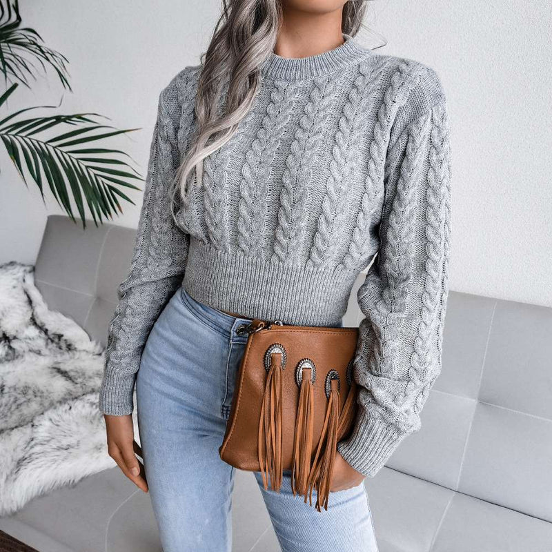 Crew Neck Pullover Slim Fitted Waist Cropped Cable Knit Sweater MEWOW DAILY