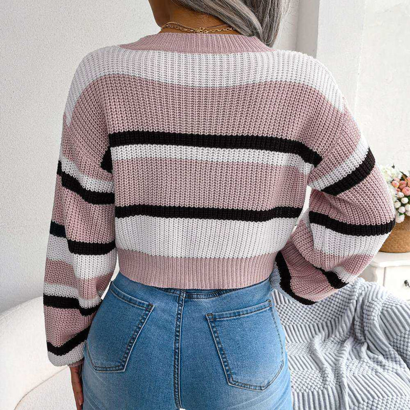 Color Block Stripes Crew Neck Pullover Cropped Sweater MEWOW DAILY