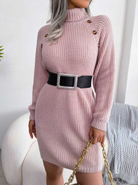 Turtle Neck Mid Thigh Buttons Decored Knit Dress MEWOW DAILY