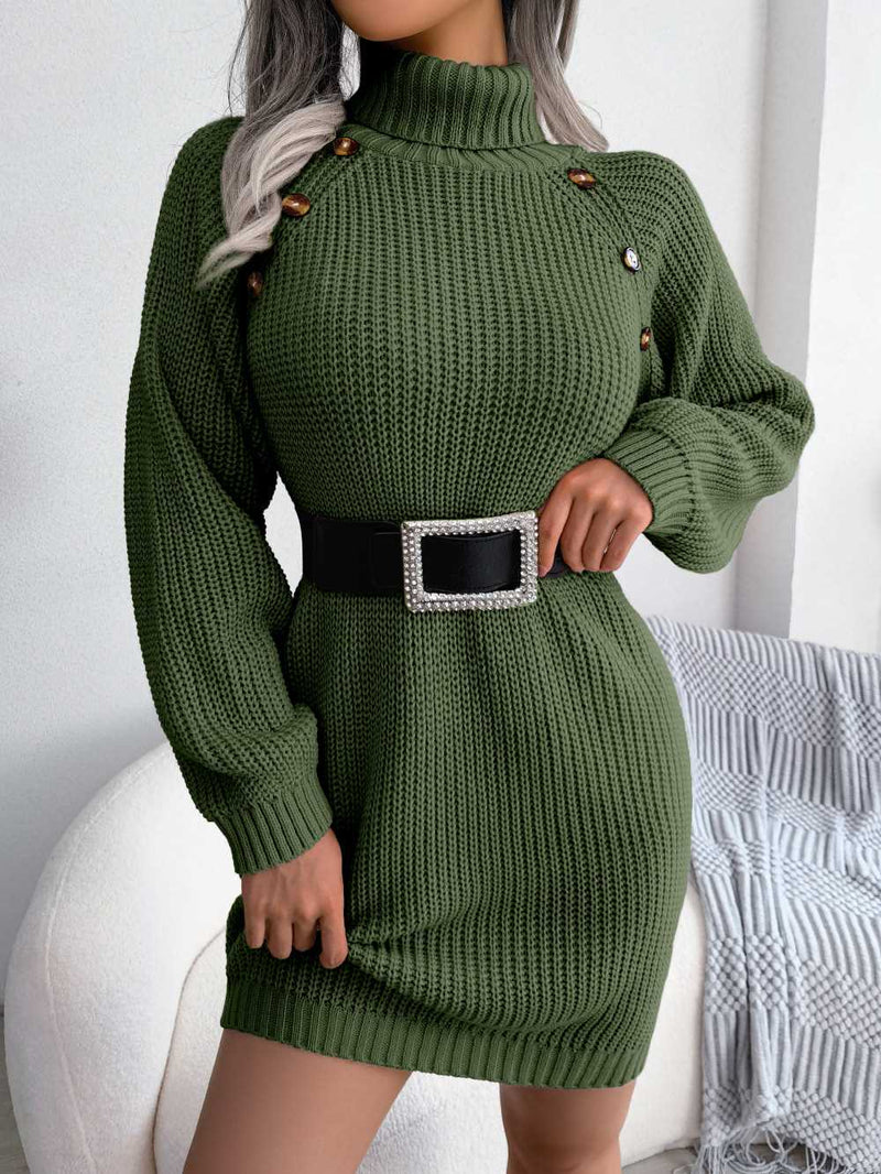 Turtle Neck Mid Thigh Buttons Decored Knit Dress MEWOW DAILY