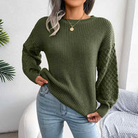 Crew Neck Lantern Sleeve Patchwork Pullover Sweater MEWOW DAILY