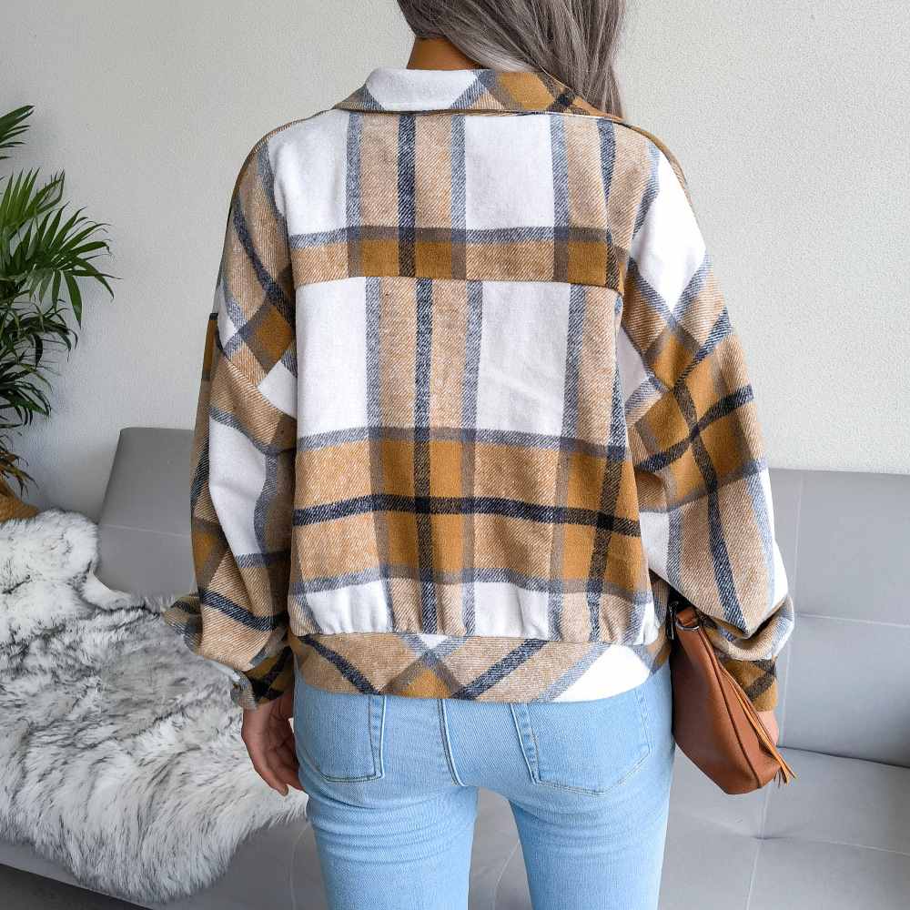 Front Buttons Drop Shoulder Long Sleeve Cropped Plaid Jacket MEWOW DAILY