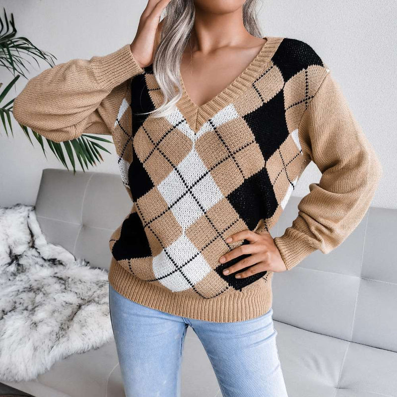 Casual V-neck Argyle Pattern Pullover Sweater MEWOW DAILY