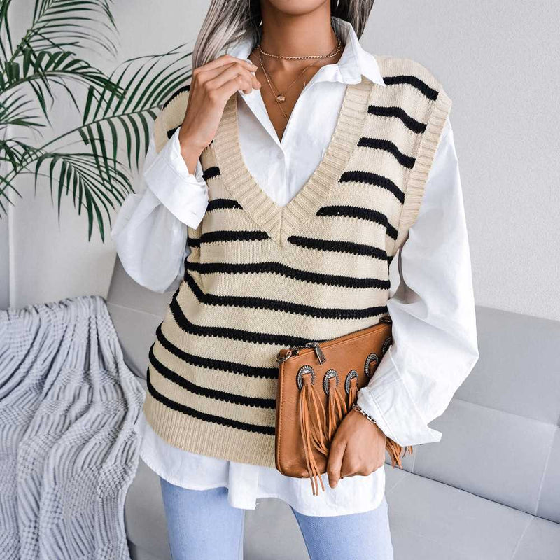 Casual V-neck Stripes Knit Sweater Vest MEWOW DAILY