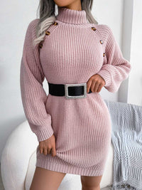 Turtle Neck Mid Thigh Buttons Decored Knit Dress MEWOW DAILY