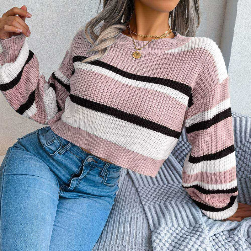 Color Block Stripes Crew Neck Pullover Cropped Sweater MEWOW DAILY