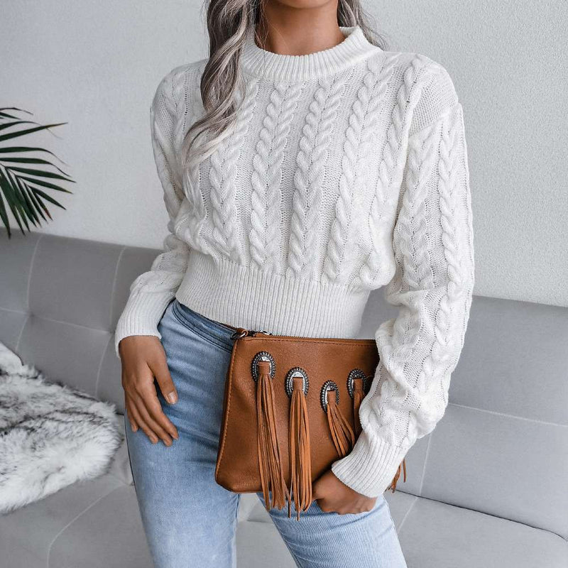 Crew Neck Pullover Slim Fitted Waist Cropped Cable Knit Sweater MEWOW DAILY