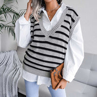 Casual V-neck Stripes Knit Sweater Vest MEWOW DAILY