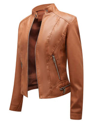 Slim Fit Stand Collar PU Leather Moto Jacket MEWOW DAILY