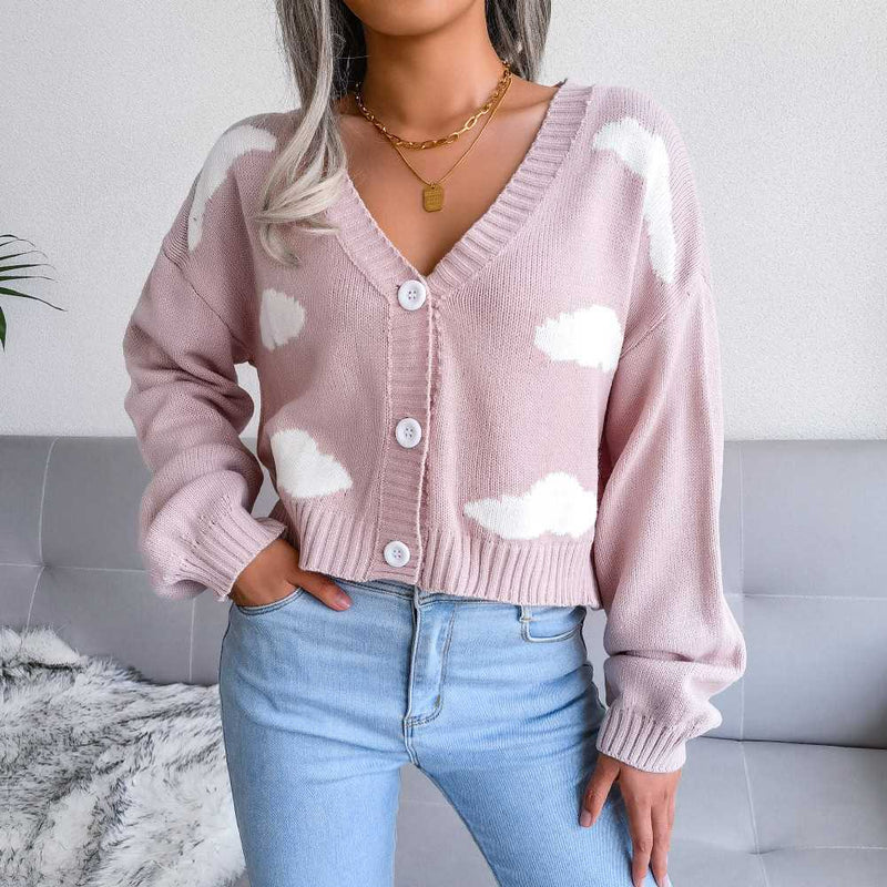 Cute Clouds Pattern Drop Shoulder Button Up Cardigan MEWOW DAILY